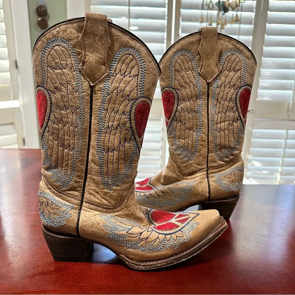 Corral Tan Leather Kids Cowboy Boots with Red Heart and Blue Wing Embroidery